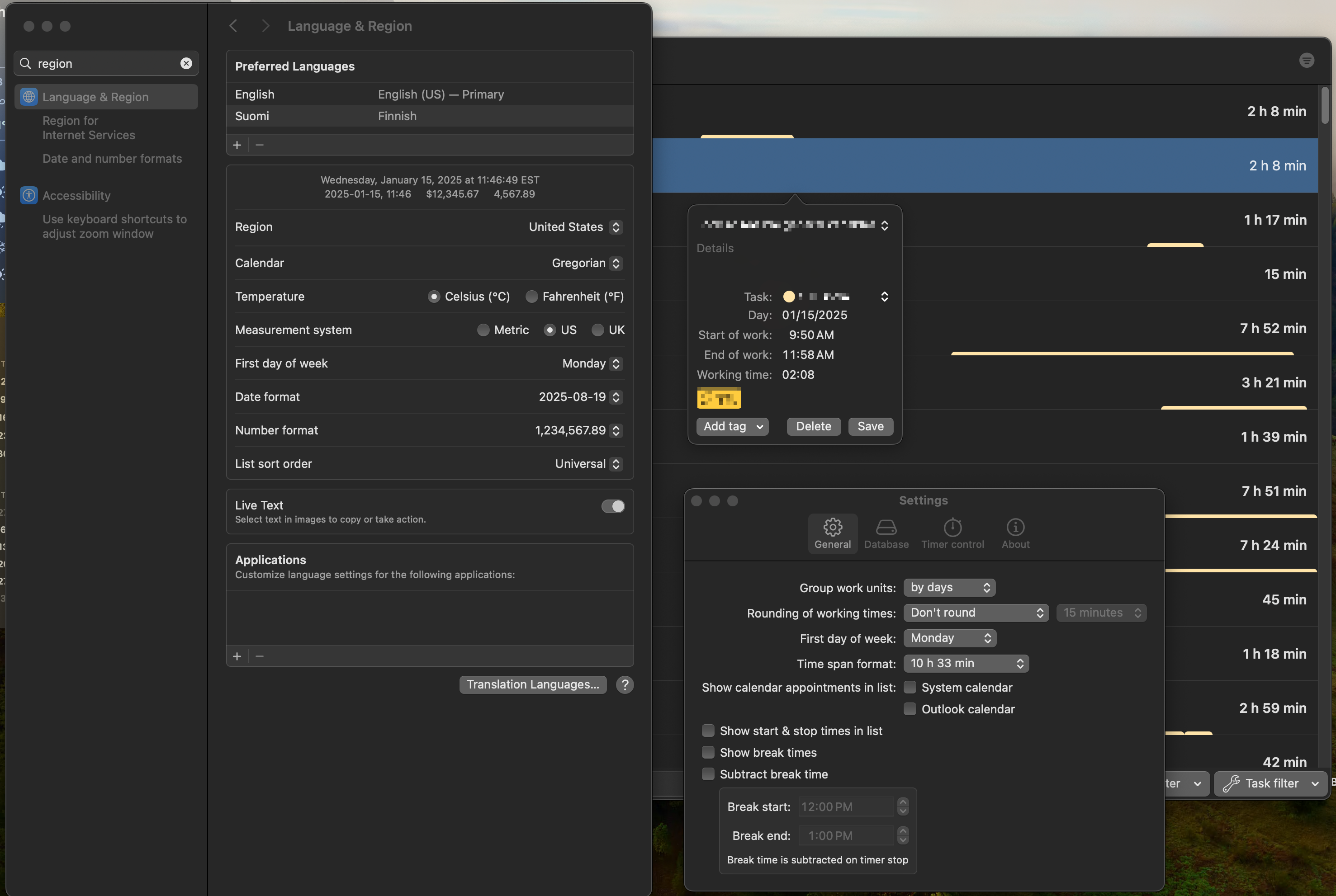 Capture of Working Hours + settings